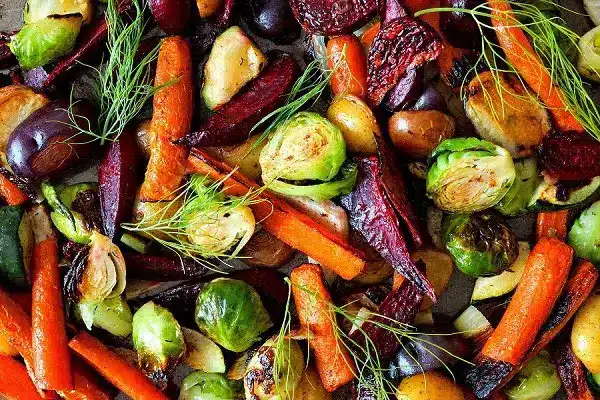 Grilled vegetables - carrots, brussels sprouts, dates