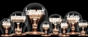 Lightbulbs with business concepts in them - teamwork, skill, partnership, strategy, success, goal, vision, support