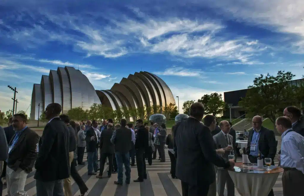 People at a Petfood Forum Reception outside Kaufman Center for the Performing Arts