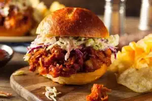 Homemade Vegan pulled Jackfruit as a shredded meat sandwich