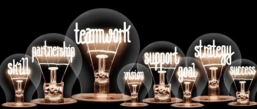 Lightbulbs with business concepts in them - teamwork, skill, partnership, strategy, success, goal, vision, support