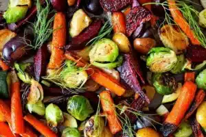 Grilled vegetables - carrots, brussels sprouts, dates